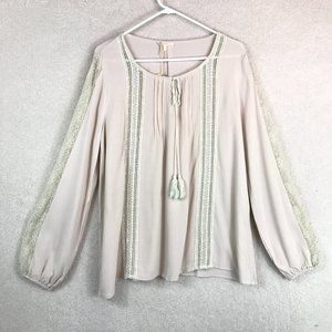 Mystree Peasant Top Womens Large Beige NEW Lace Relaxed Fit Boho Casual Blouse
